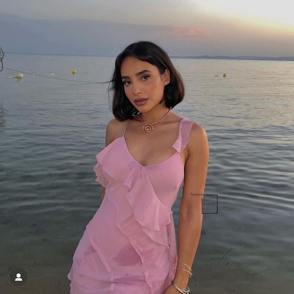 RARE MANGO RUFFLES SLIT DRESS PASTEL PINK - Picture 8 of 9